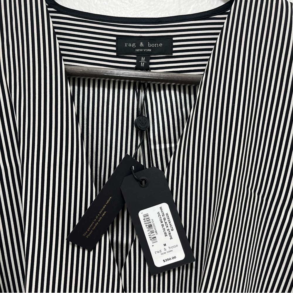 Rag & Bone Silk Blouse Victor Stripe V-Neck Sz M - Picture 6 of 10